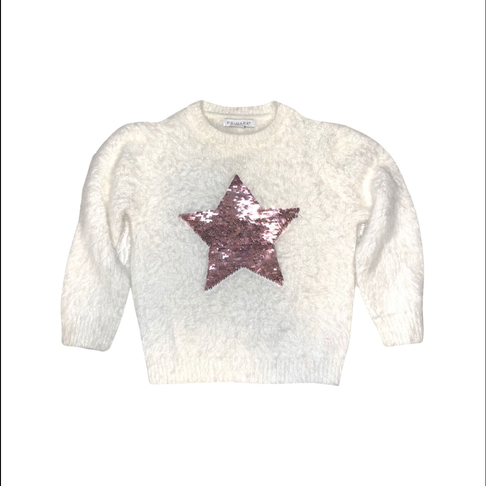 Fuzzy White Sweater With Sequin Star